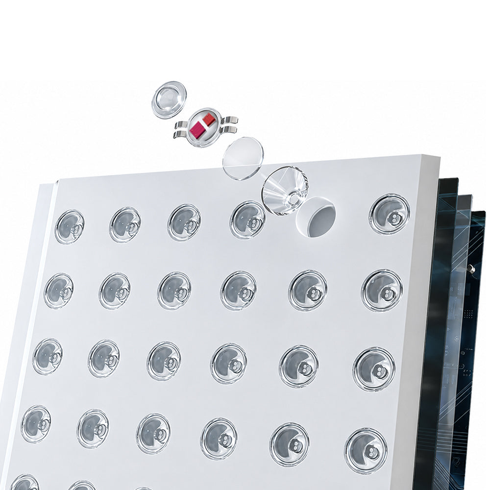 Close-up exploded view of a YA60-2W7 dual-chip LED lens and reflector assembly on the white therapy panel