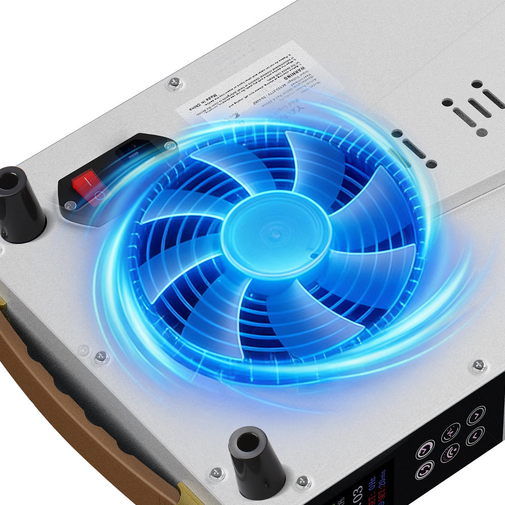 Close-up of the YA60-2W7 rear cooling fan, power switch, control panel, and ventilation system