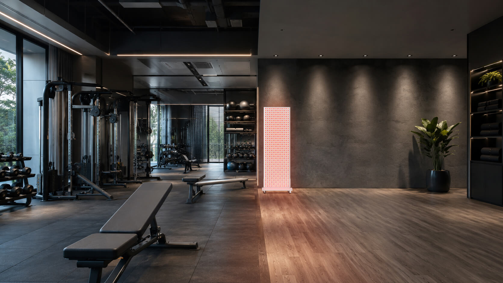 Yamuri red light therapy panel in a gym recovery space for post-workout wellness routines