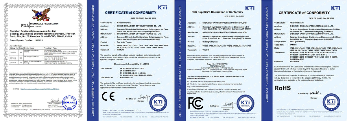FDA, CE, FCC, RoHS certifications for red light therapy devices, ensuring safety and compliance