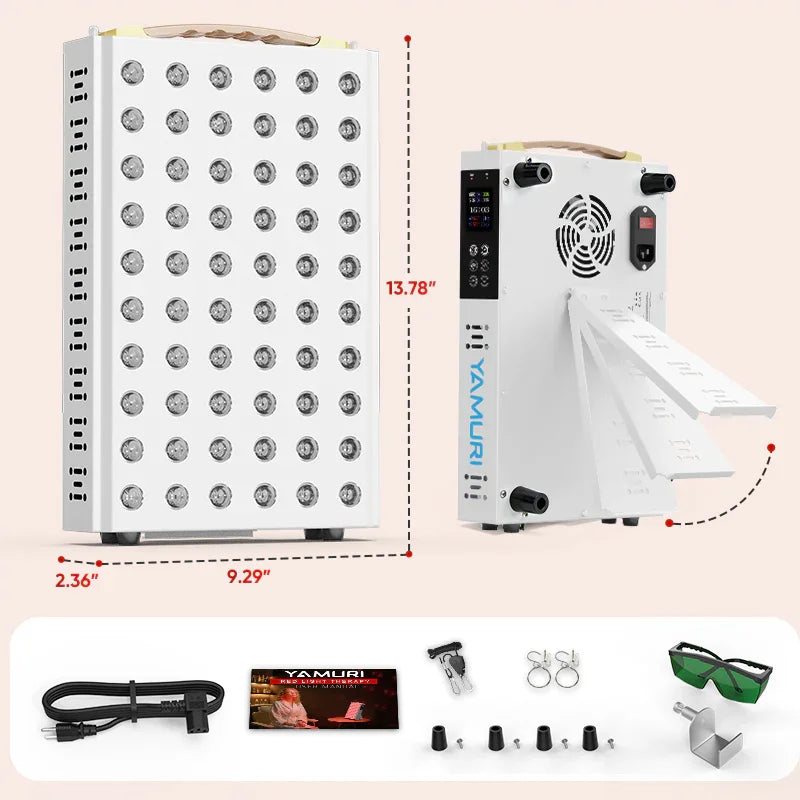 YA60-2W7 dimensions and included accessories, with front and rear panel views, power cord, eyewear, hooks, and mounting hardware
