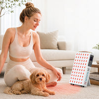 Woman relaxing with her dog beside the illuminated YA60-2W7 red light therapy panel in a living room