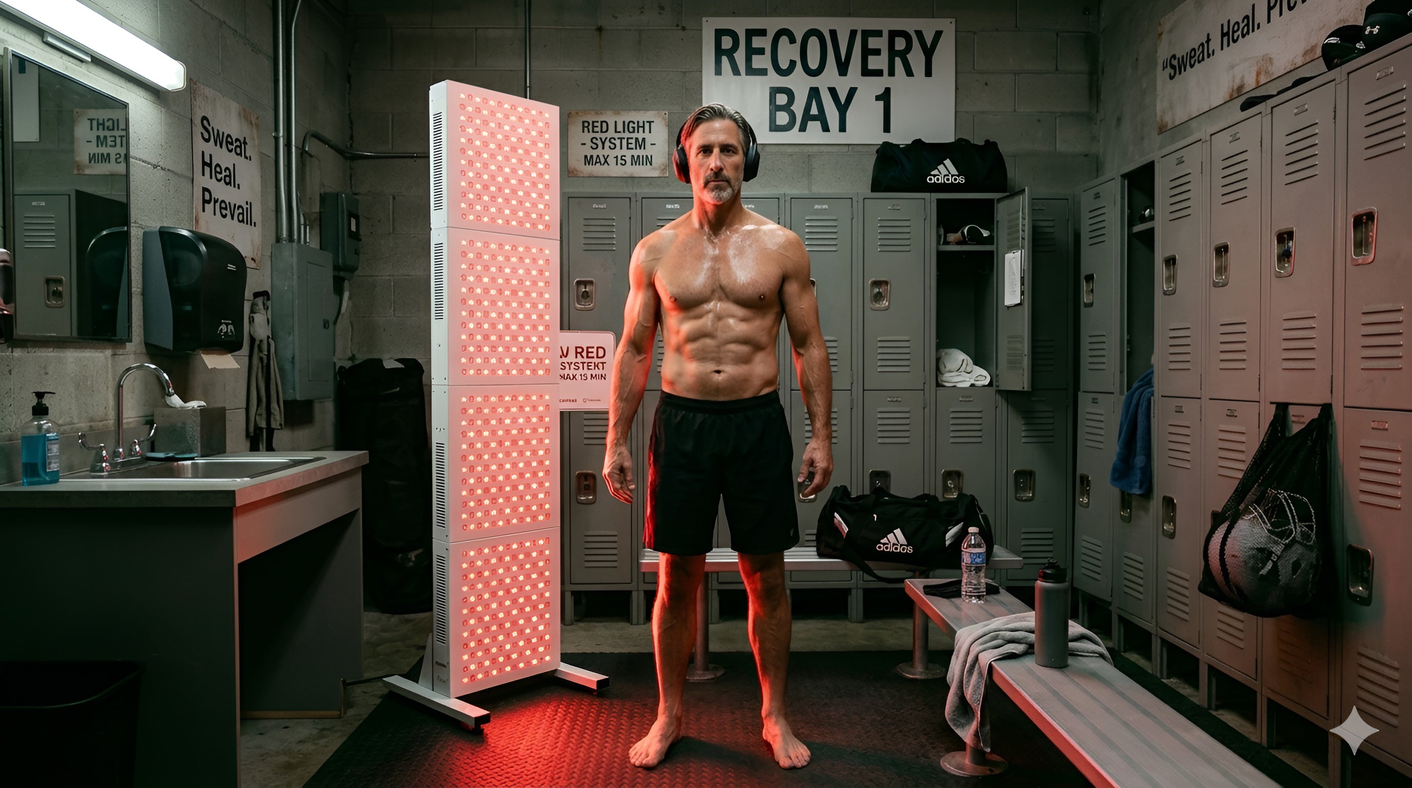 Male athlete using red light therapy in a gym locker room for post-workout muscle recovery and pain relief