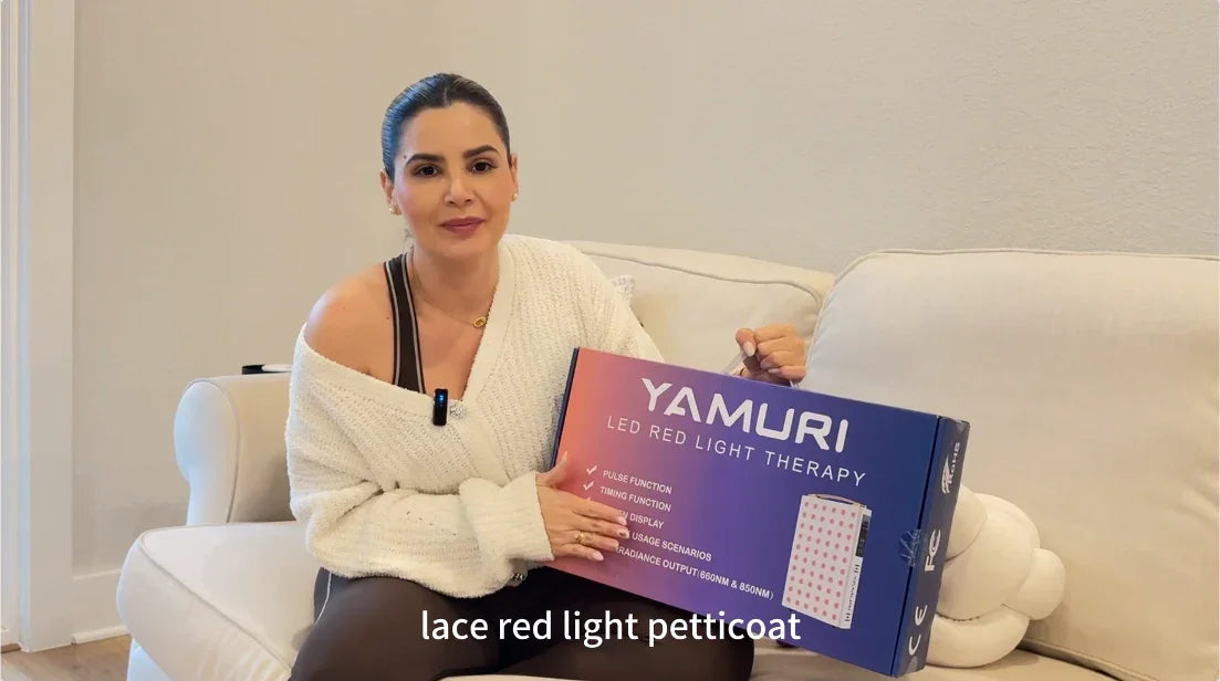 Woman holding Yamuri LED red light therapy device box, showcasing at-home wellness tech for skin and muscle recovery.