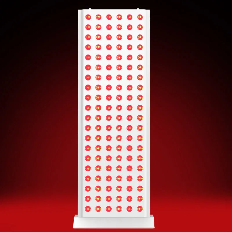 Red light therapy panel with glowing LEDs for at-home muscle recovery and skin health