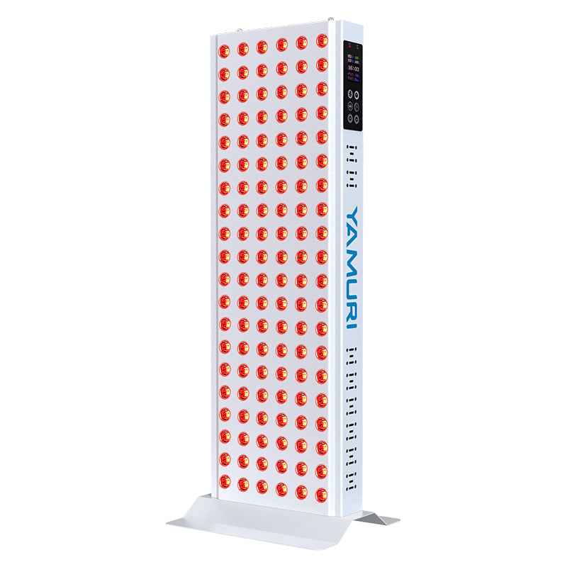 YA120-2W7 half-body red light therapy panel, front view with 120 illuminated LEDs, LCD controls, and built-in stand