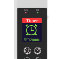 YA120-2W7 LCD control panel displaying a 20-minute timer and red and near-infrared light indicators