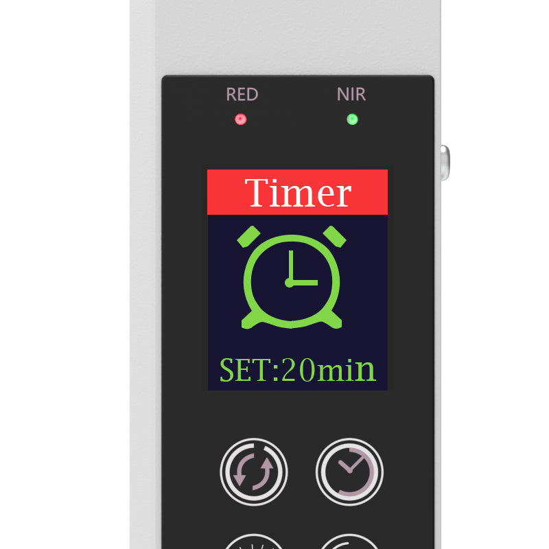 YA120-2W7 LCD control panel displaying a 20-minute timer and red and near-infrared light indicators