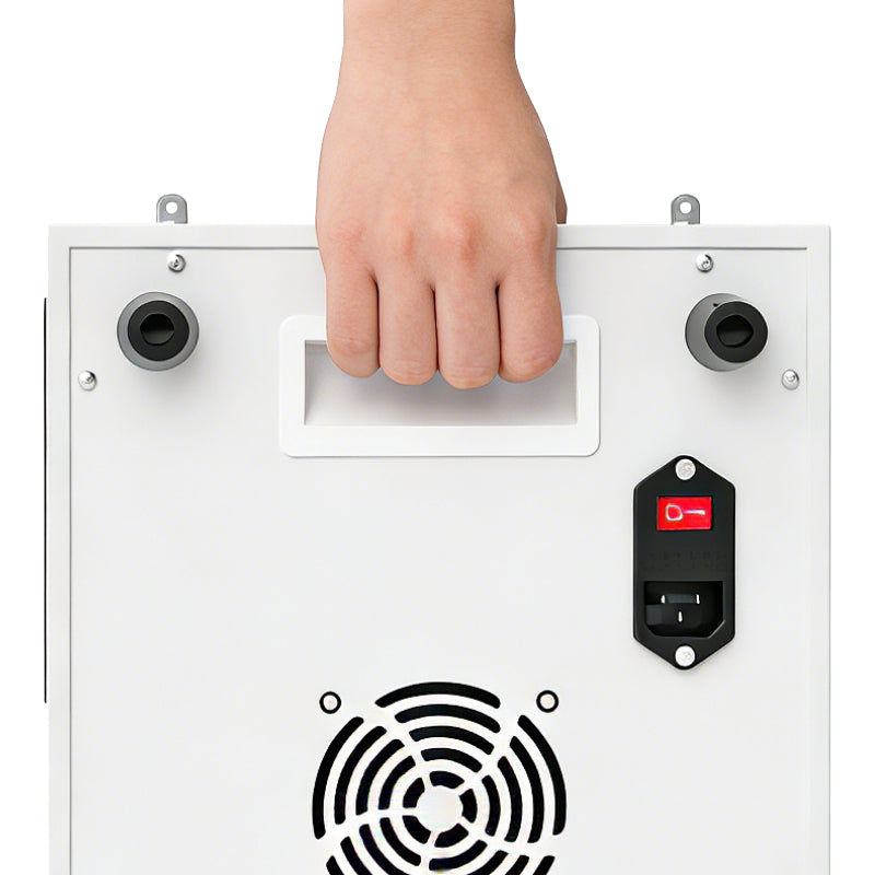 Close-up of the YA120-2W7 recessed carrying handle, rear cooling fan, power switch, and power inlet