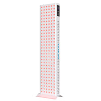 YA180-2W7 tall full-body red light therapy panel, front view with 180 illuminated LEDs, LCD controls, and built-in stand