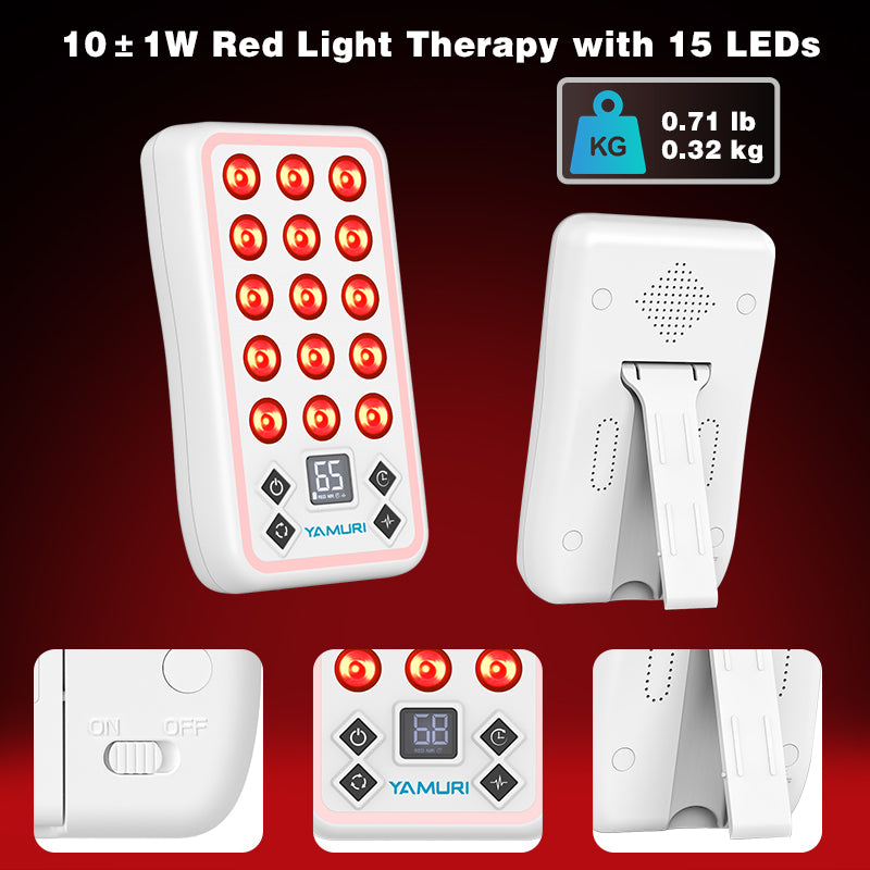 Red light therapy device with 15 LEDs, adjustable timer, and lightweight design for at-home use.