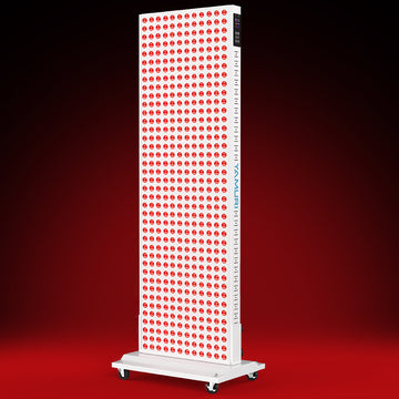 Tall red light therapy panel with LED array, adjustable settings, on wheeled stand for home use