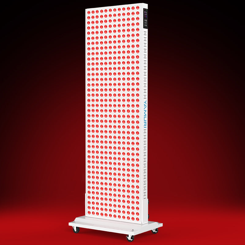 Tall red light therapy panel with LED array, adjustable settings, on wheeled stand for home use