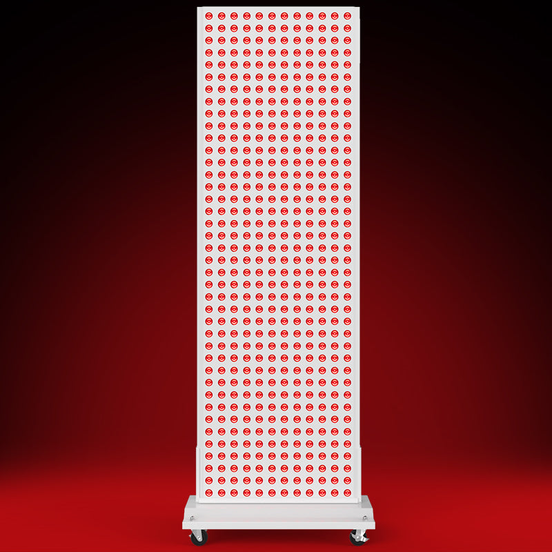 Tall red light therapy panel with multiple LED bulbs on rolling base, black-red background