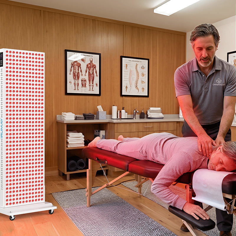 Red light therapy panel in clinic with massage therapist treating patient on table