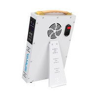 Rear view of the YA60-2W7 panel showing the cooling fan, power switch, carrying handle, LCD controls, and adjustable stand