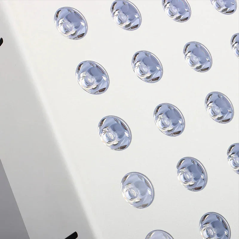 Close-up of precision LED lenses on a full-body red and near-infrared light therapy panel