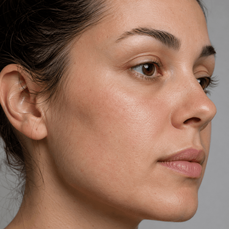 Before image showing facial skin appearance before a red light therapy face and neck routine