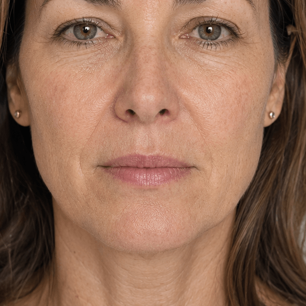 Before image showing facial fine lines before a targeted red light therapy routine