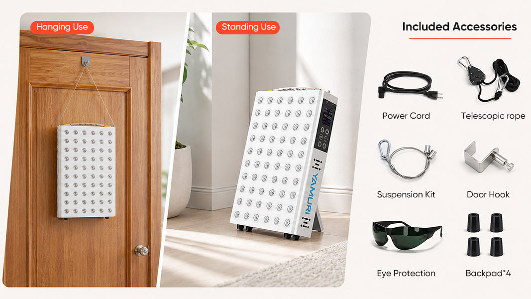 YA60-2W7 red light therapy panel shown in standing and door-hanging setups with included accessories