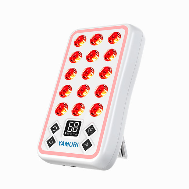 YA20-2W7 portable red and near-infrared light therapy panel, front view with 15 illuminated LEDs and digital controls