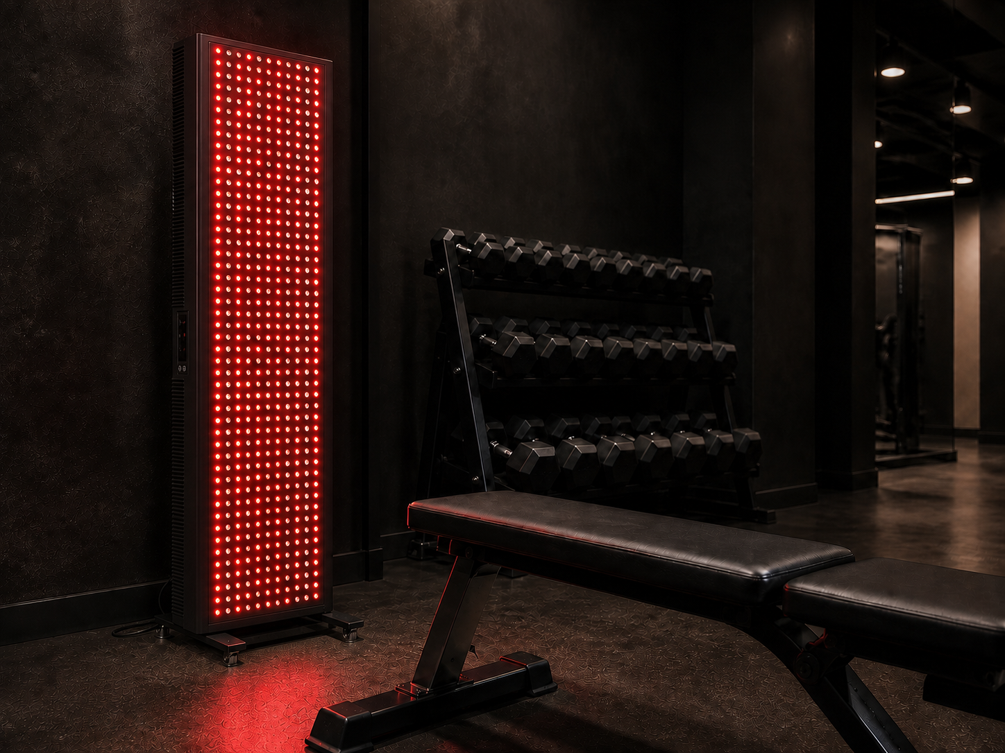 Fully illuminated commercial red light therapy panel in a performance gym